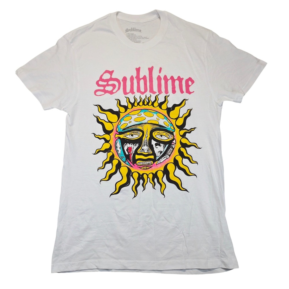 Sublime Sun Graphic Band T-Shirt White Pink Yellow Cotton Short Sleeve Medium